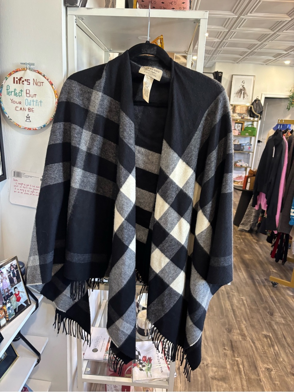 Burberry Black, Gray & White Plaid Fringe shawl Wrap